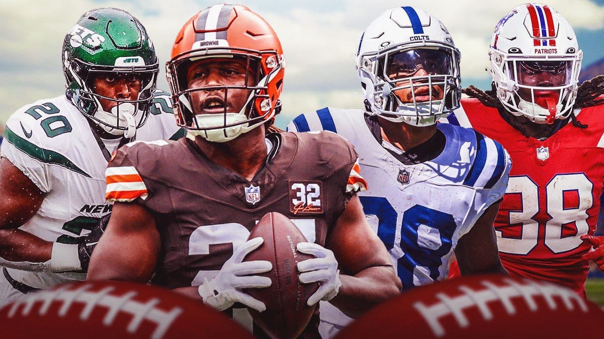 Kareem Hunt in Browns jersey, Jonathan Taylor in Colts jersey, Rhamondre Stevenson in Patriots jersey, Breece Hall in Jets jersey, have all players in action please