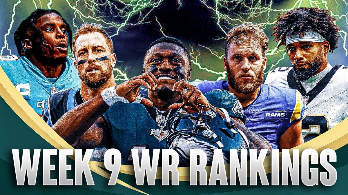 Fantasy football WRs Tyreek Hill, AJ Brown, Adam Thielen, Cooper Kupp, Chris Olave are all beside each other with green lightning in the background.