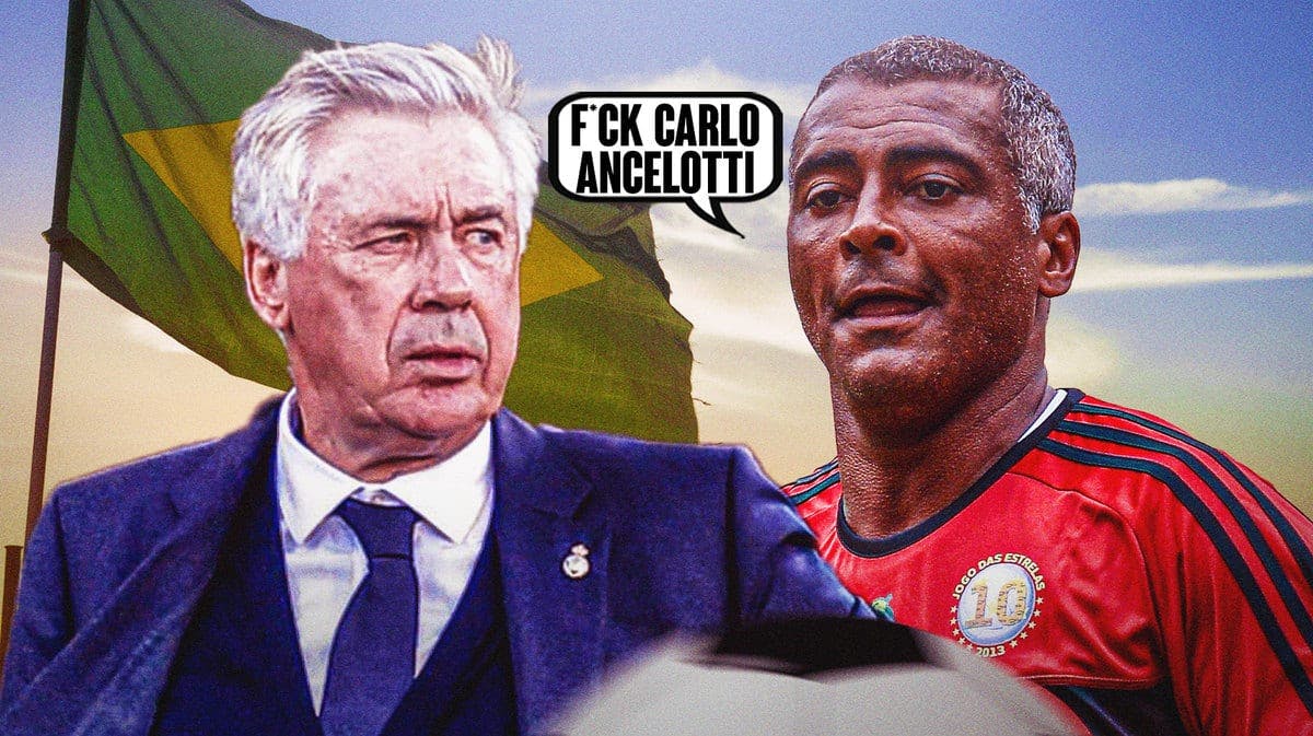 Romário de Souza Fariasaying: 'F*ck Carlo Ancelotti, next to Carlo Ancelotti, in front of the Brazil flag Real Madrid