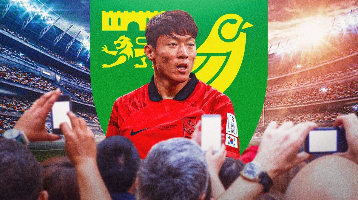 Hwang Ui-jo in front of the Norwich City logo, there is a video camera directed at him