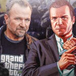 GTA 5 Actor Ned Luke with his Michael character and a swat team in the background