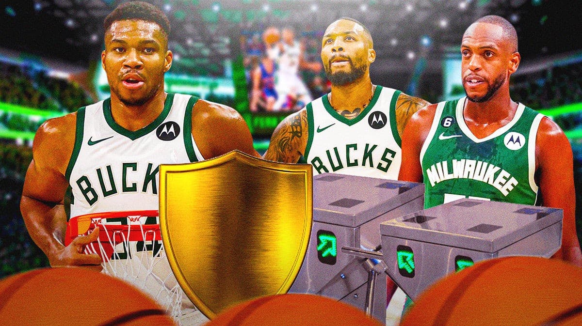 Bucks' Giannis Antetokounmpo protecting the rim with a shield, with Damian Lillard and Khris Middleton standing beside turnstiles