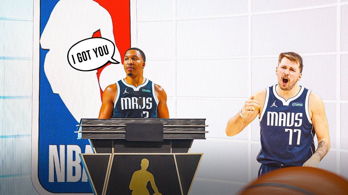 Mavs' Grant Williams speaking as vice-president of NBPA, with speech bubble: “I got you”, with Luka Doncic frustrated on the right