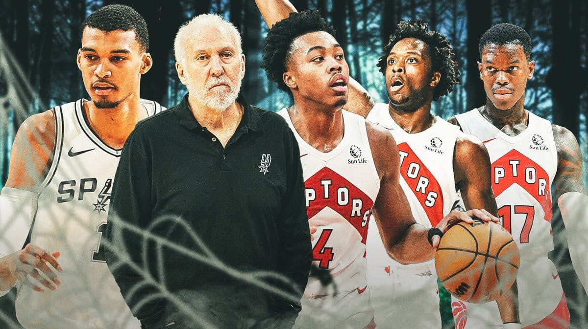 Spurs' Victor Wembanyama and Gregg Popovich looking scared, with Raptors' Scottie Barnes, OG Anunoby, and Dennis Schroder all having exaggeratedly long limbs, use spooky background