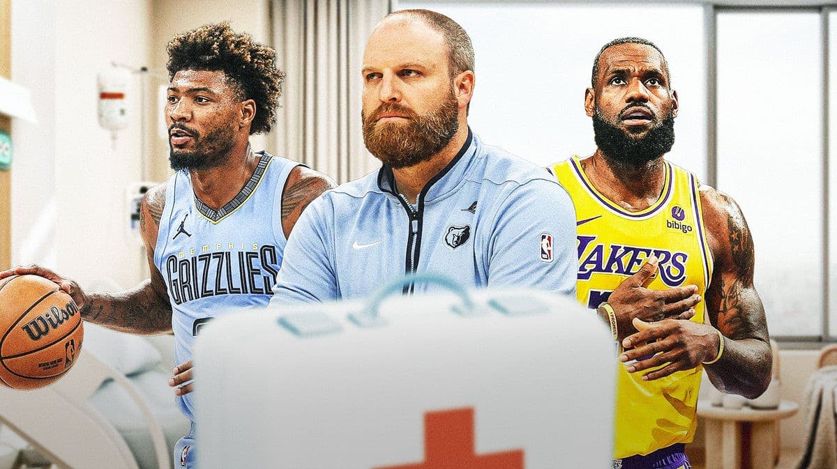 Grizzlies' Taylor Jenkins and Marcus Smart with Lakers' LeBron James in a hospital
