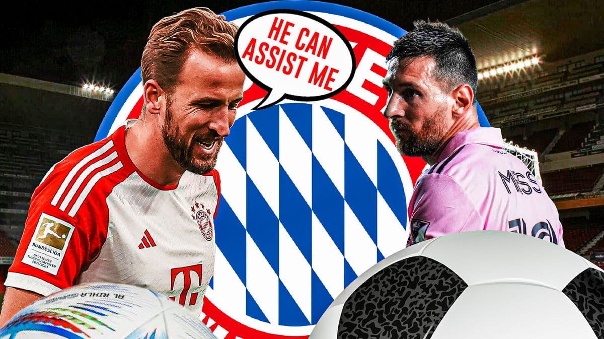 Harry Kane saying: 'He can assist me' next to Lionel Messi in front of the Bayern Munich logo