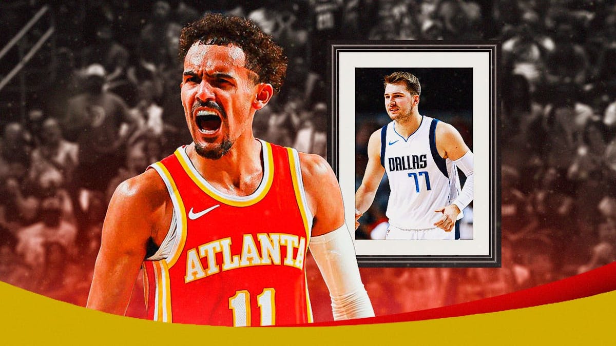 Hawks' Trae Young celebrating, with picture of Mavs' Luka Doncic from his Mexico City game back on December 13, 2019