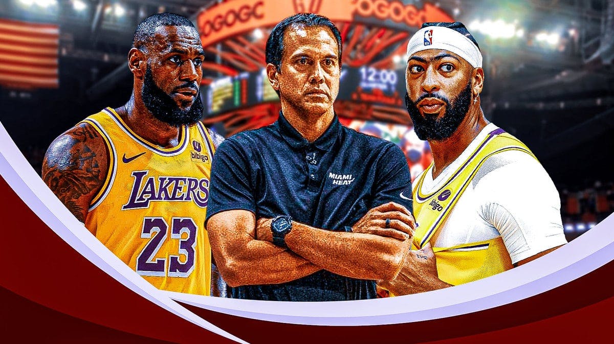 Miami Heat head coach Erik Spoelstra next to Los Angeles Lakers' LeBron James and Anthony Davis in front of the Kaseya Center.