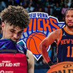 Hornets' LaMelo Ball with red medical bag next to Knicks Jalen Brunson