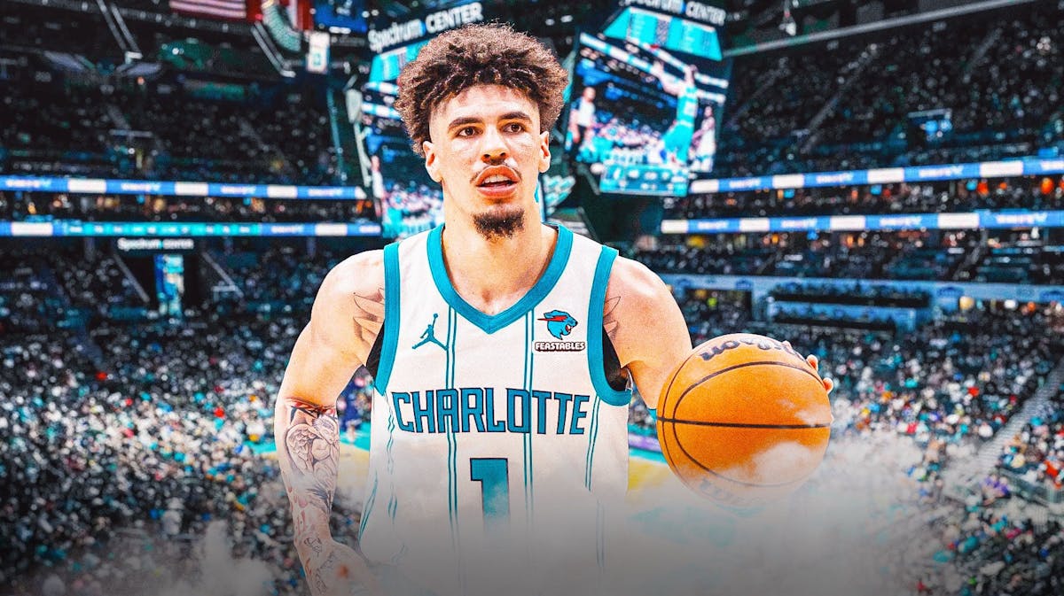 LaMelo Ball with the Hornets arena in the bacgkround