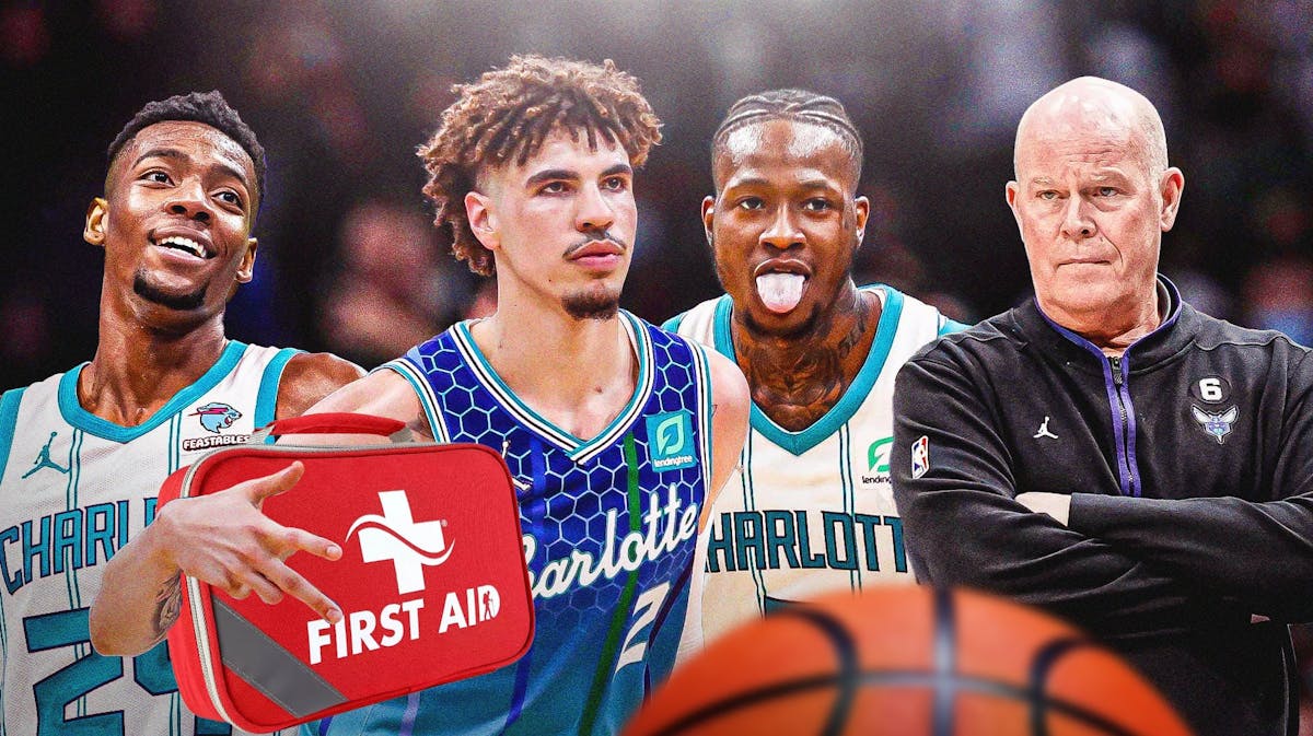 Hornets' LaMelo Ball holding a first aid kit next to Steve Clifford, Terry Rozier, Brandon Miller