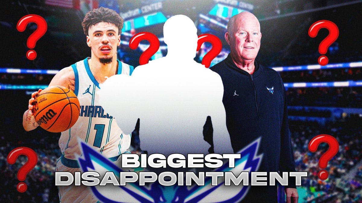 Mystery Player in the middle with LaMelo Ball and coach Steve Clifford all around him and question marks (❓) in the background.