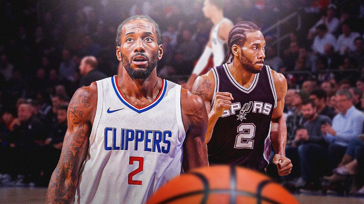 Clippers' Kawhi Leonard in front. Spurs' Kawhi Leonard in background.