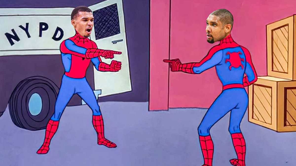Spurs' Victor Wembanyama and Tim Duncan doing the Spider-Man pointing meme