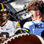 Michigan football, Wolverines, Iowa football, Hawkeyes, Cade McNamara, Cade McNamara (in Iowa uni) and JJ McCarthy (in Michigan uni) with Lucas Oil Stadium in the background