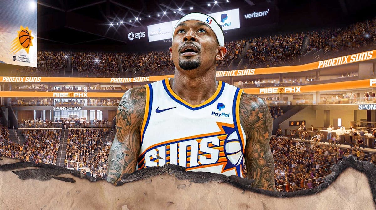 Bradley Beal with the Suns arena in the background