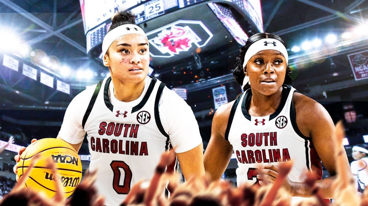 Te-Hina Pao Pao and Raven Johnson with the South Carolina Gamecocks logo in the background