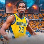 Aaron Nesmith with the Pacers arena in the background injury