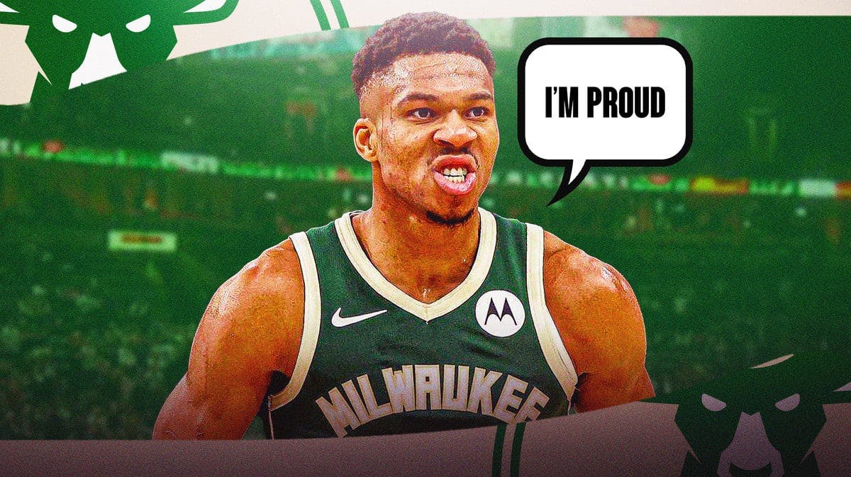 Giannis Antetokounmpo saying: ‘I’m proud’ with the Bucks arena in the background