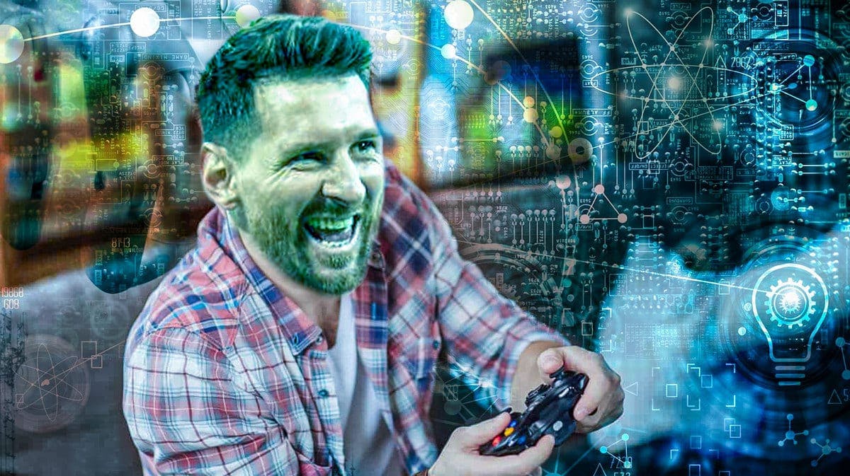 Lionel Messi playing with a controller, some digitalized background