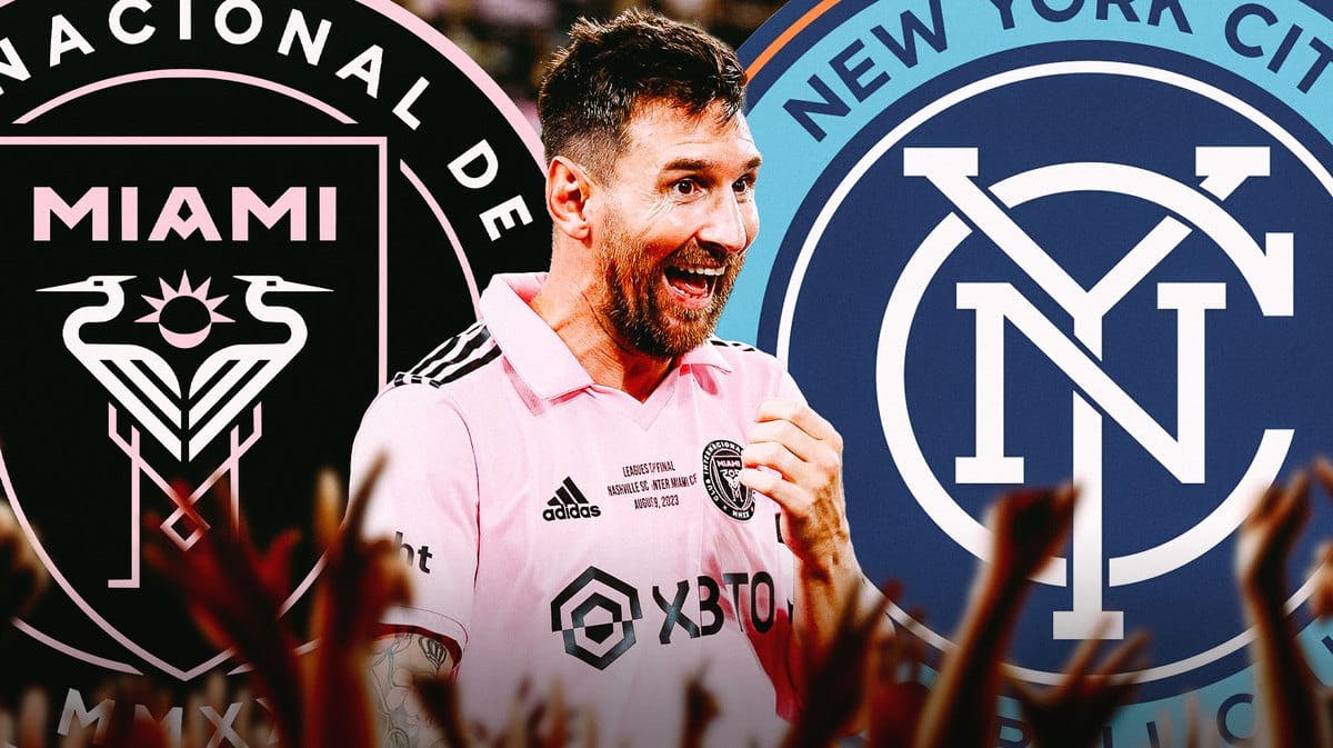 Lionel Messi celebrating in front of the Inter Miami and NYCFC logos