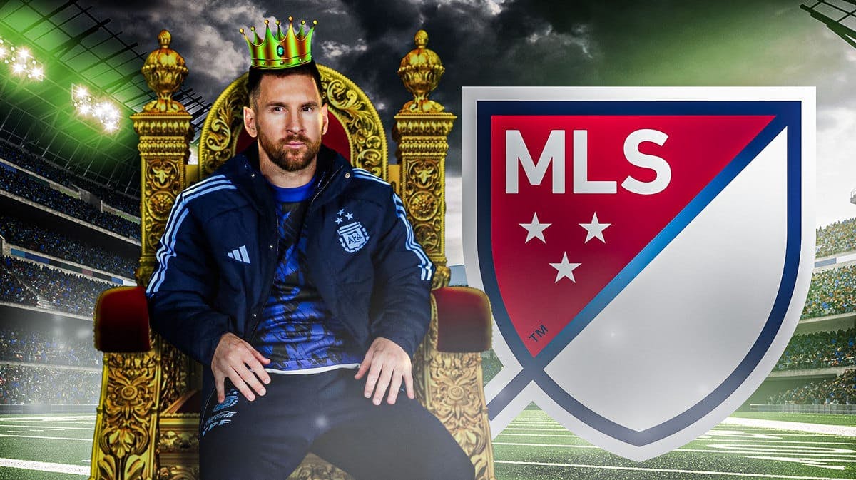 Lionel Messi sitting on a throne as a king in front of the MLS logo