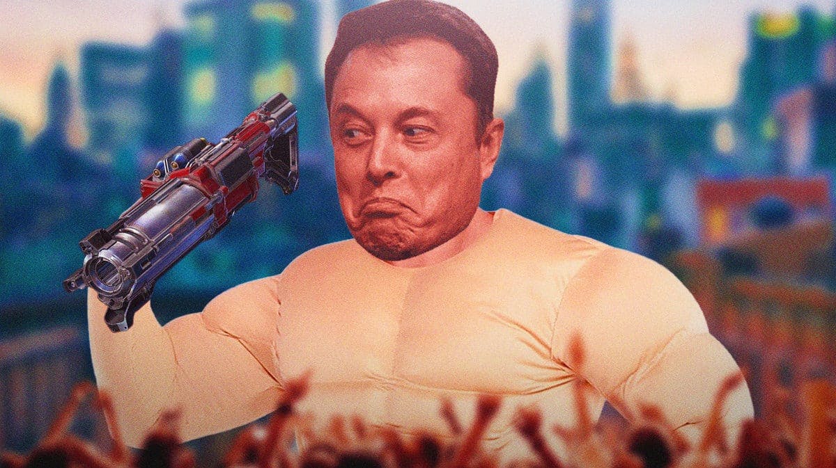 Elon Musk flexing with a fake abs costume holding a Quake rocket launcher while being laughed at by the internet