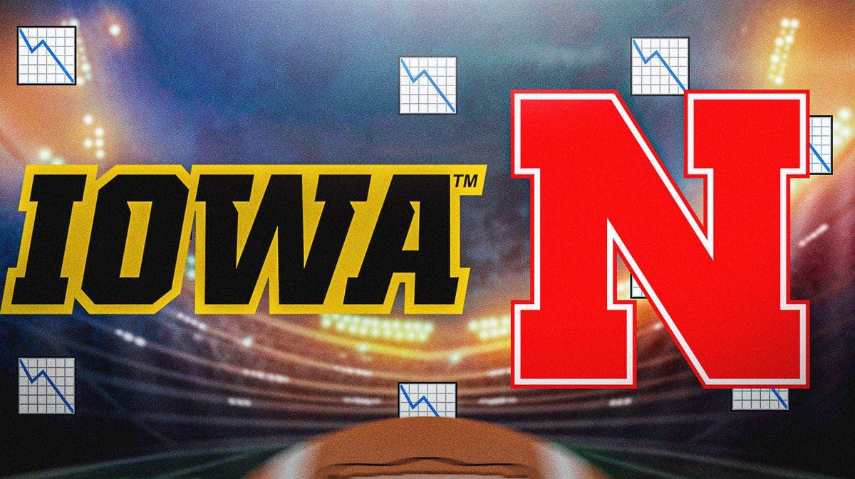 Iowa logo next to Nebraska logo with stocks going down