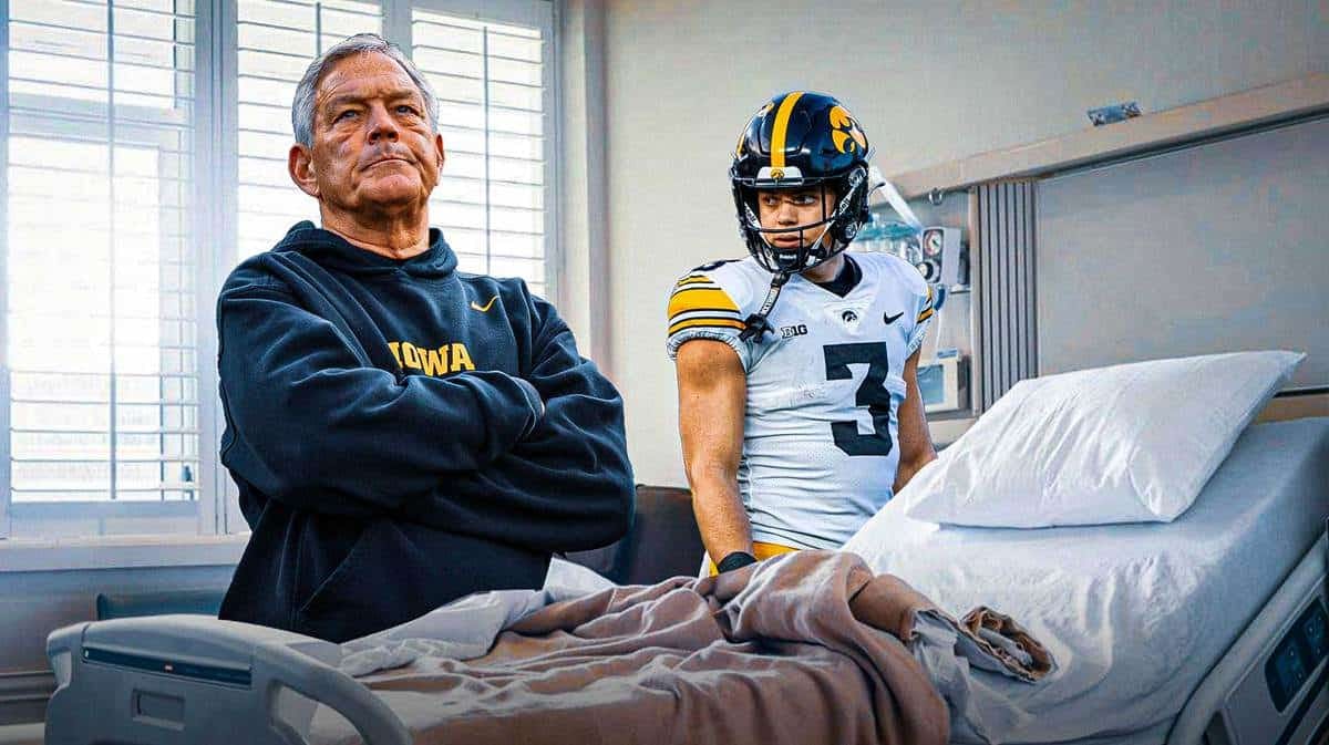 Iowa football and Deacon Hill HC Kirk Ferentz after their Rutgers win with Cooper DeJean