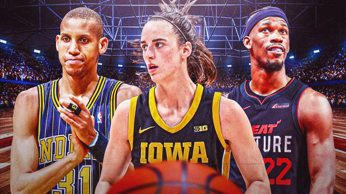 Iowa women’s basketball player Caitlin Clark, with Indiana Pacers player Reggie Miller and Miami Heat player Jimmy Butler