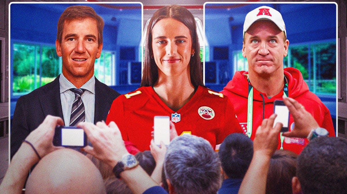 Iowa women’s basketball player Caitlin Clark, if you could somehow make it so it looks like she is wearing Kansas City Chiefs gear, that would be great, in between Eli and Payton Manning like she’s on ManningCast with the two of them.
