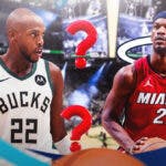 Bucks' Khris Middleton with question marks next to Heat's Jimmy Butler