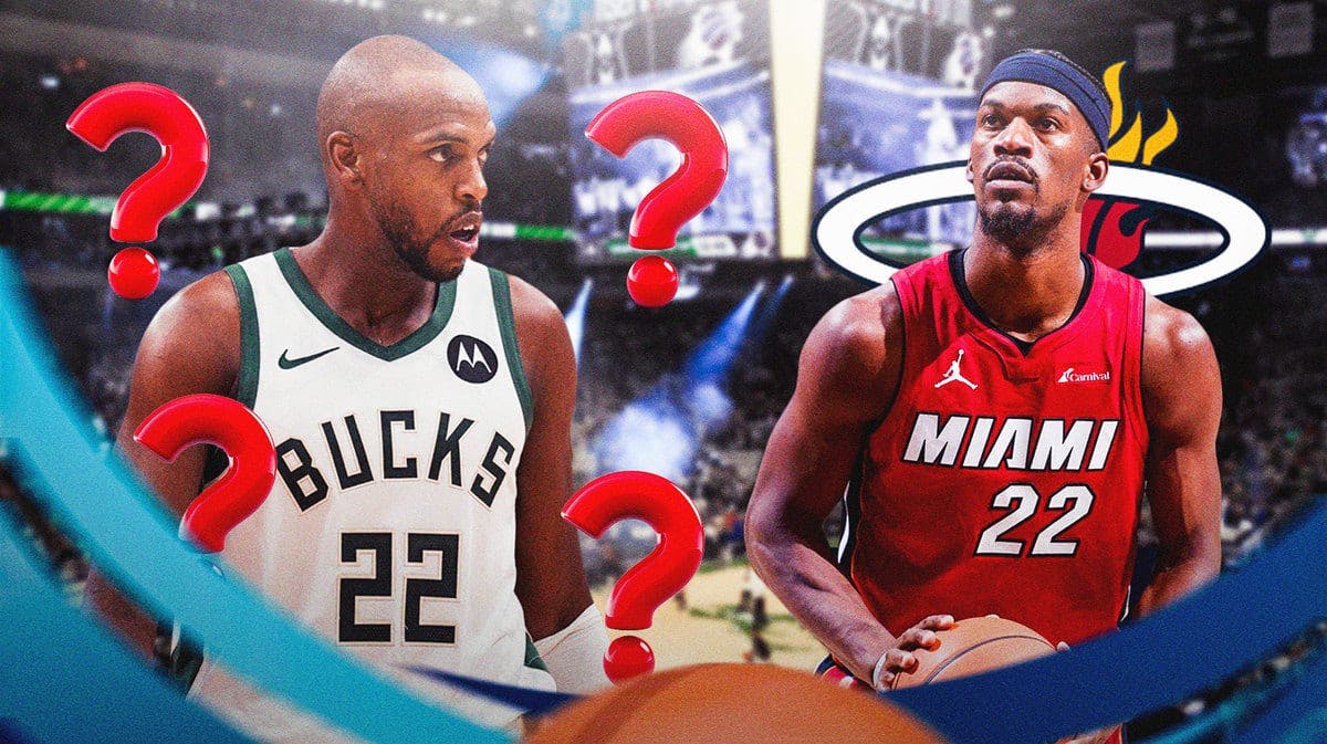 Bucks' Khris Middleton with question marks next to Heat's Jimmy Butler