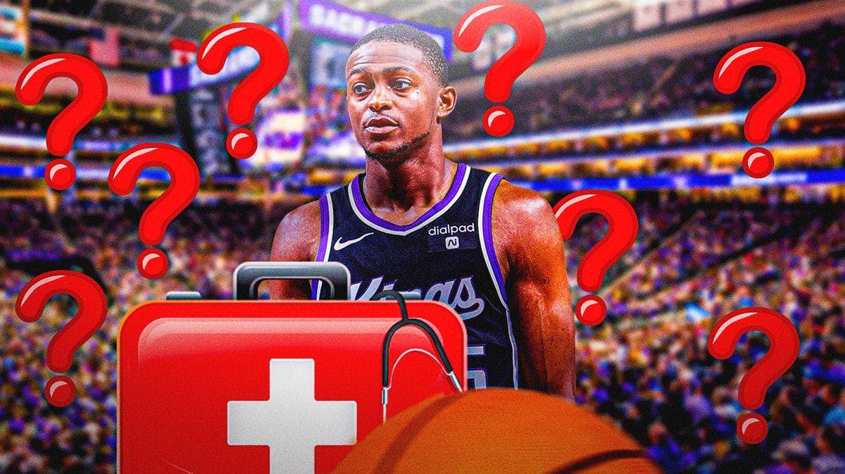 Kings' De’Aaron Fox looking sad, with red medical cross and question marks around him