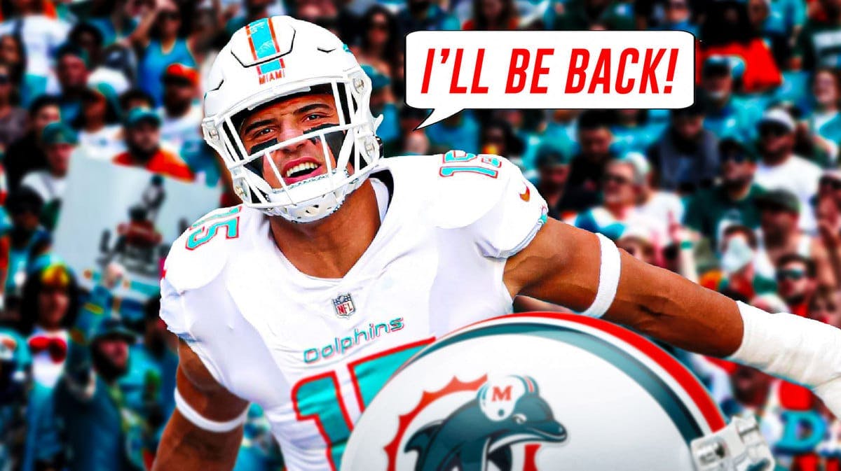 Jaelan Phillips with a caption bubble saying "I'll be back"
