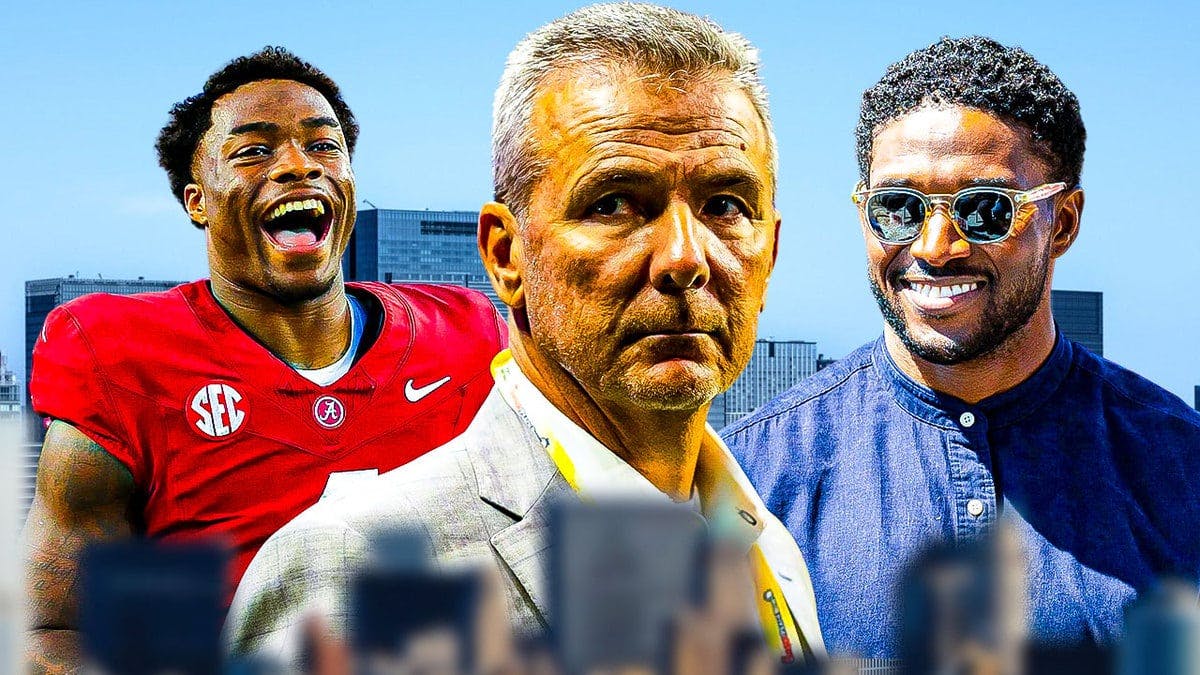Alabama football's Jalen Milroe, former college football head coach Urban Meyer, and former player Reggie Bush all next to each other.