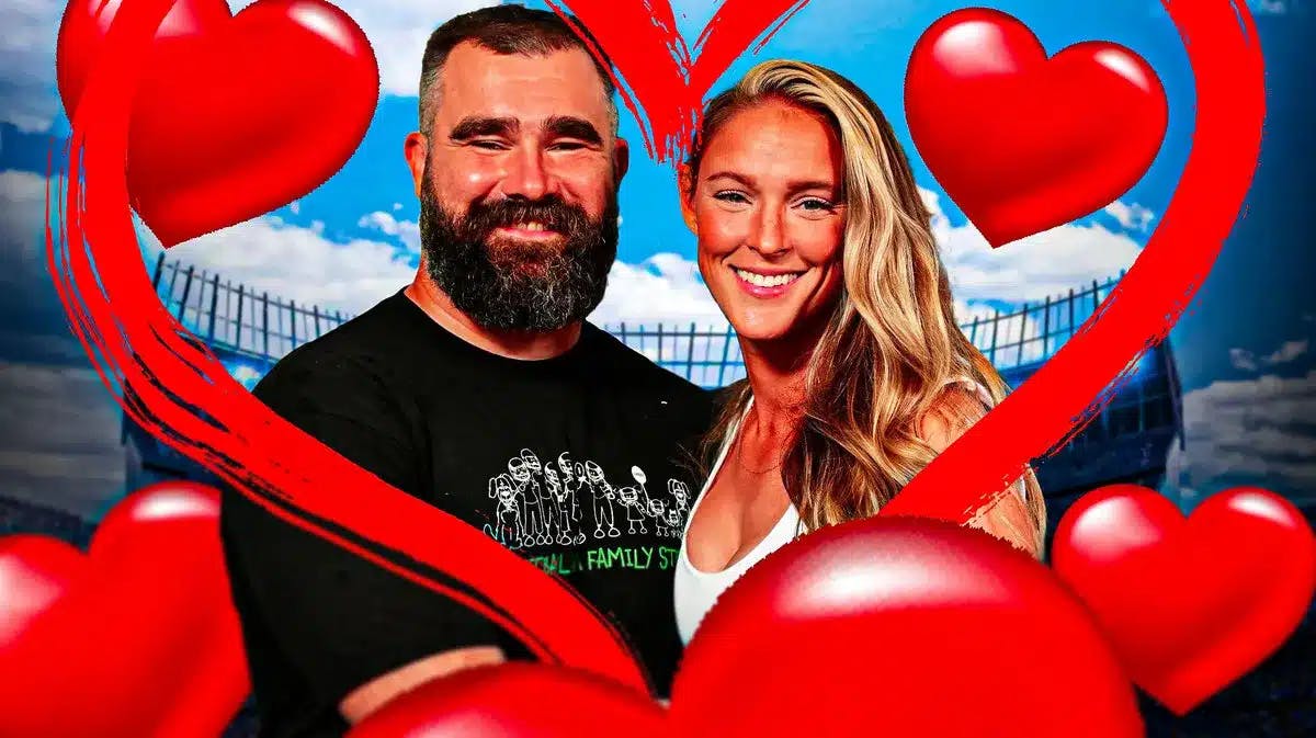 Jason and Kylie Kelce surrounded by hearts.