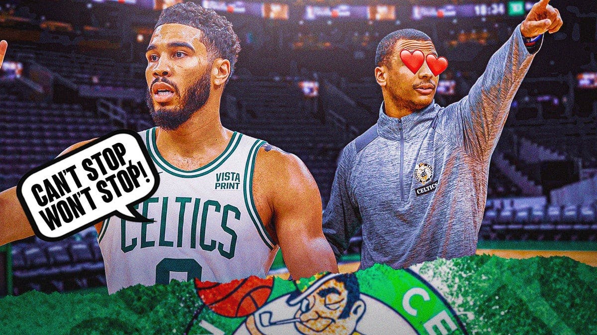 Thumb: Jayson tatum saying, “Can’t stop, won’t stop!” Joe Mazzulla with heart eyes, Celtics stadium as background