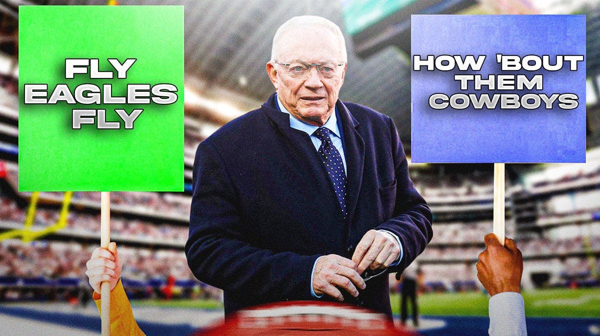 Jerry Jones, with signs supporting both the Eagles and Cowboys
