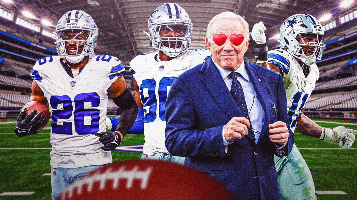 Jerry Jones with heart eyes, have Micah Parsons, DaRon Bland, DeMarcus Lawrence all in action behind him in Cowboys jerseys