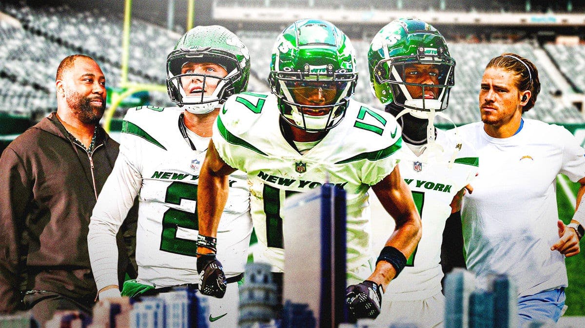 Zach Wilson, Garrett Wilson and Sauce Gardner front and center. Looking on is Darrelle Revis and Justin Herbert. In background is MetLife Stadium at night under the lights (Monday Night Football)