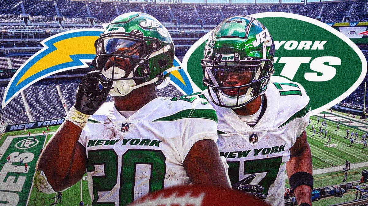 Breece Hall and Garrett Wilson both in image looking stern, Jets and Chargers logos, football field in background