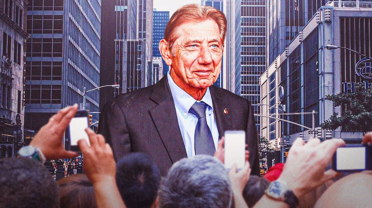 Former New York Jets quarterback Joe Namath in front of the city with cameras on him.