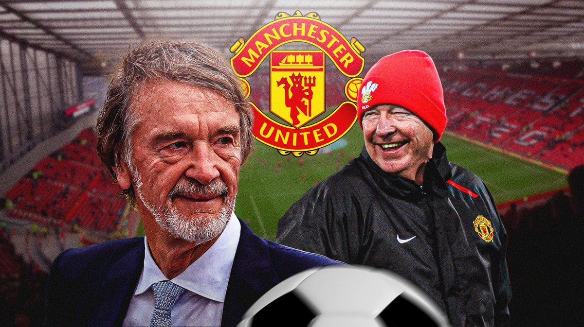 Sir Jim Ratcliffe and Sir Alex Ferguson in front of the Manchester United logo