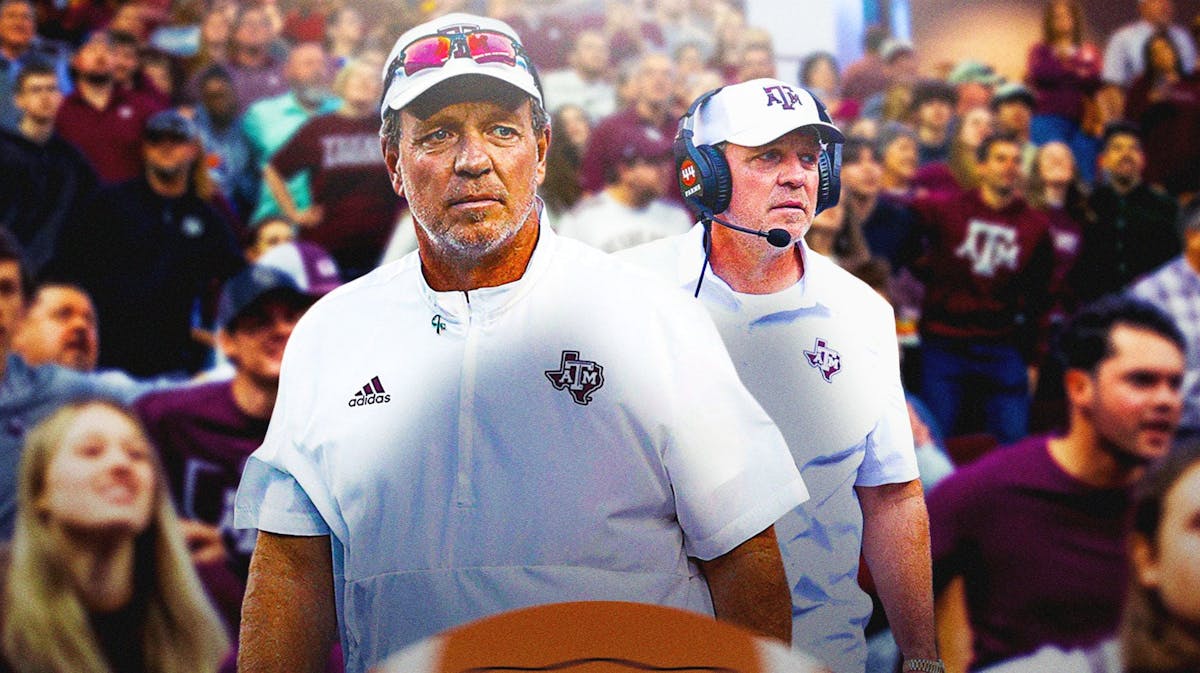 Texas A&M coach Jimbo Fisher in the foreground looking upset. Fans angry in background.