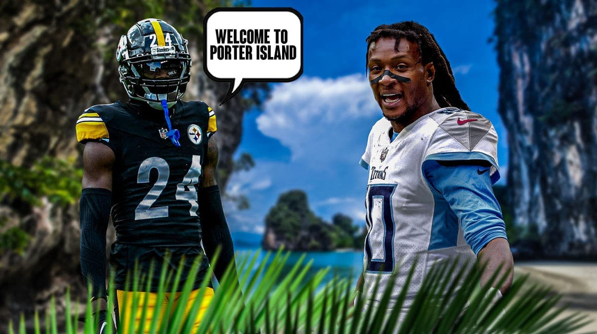 Joey Porter Jr and DeAndre Hopkins. Have Porter laughing and have Hopkins looking angry. Have a tropical island in the background. Have Porter saying Welcome to Porter Island!