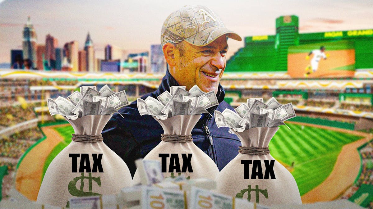 Oakland Athletics owner John Fisher in the background. In the foreground, images of money bags with the word tax on them.