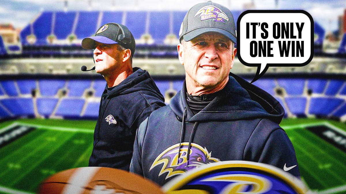 Images of John Harbaugh on the left, and right. He says "It's only one win," with a quote bubble next to his head.