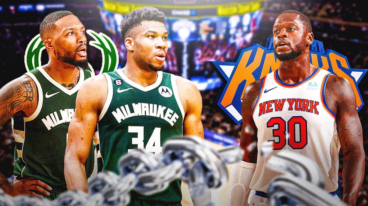 Julius Randle in middle of image looking stern, Giannis and Lillard on either side, Knicks and Bucks logos, basketball court