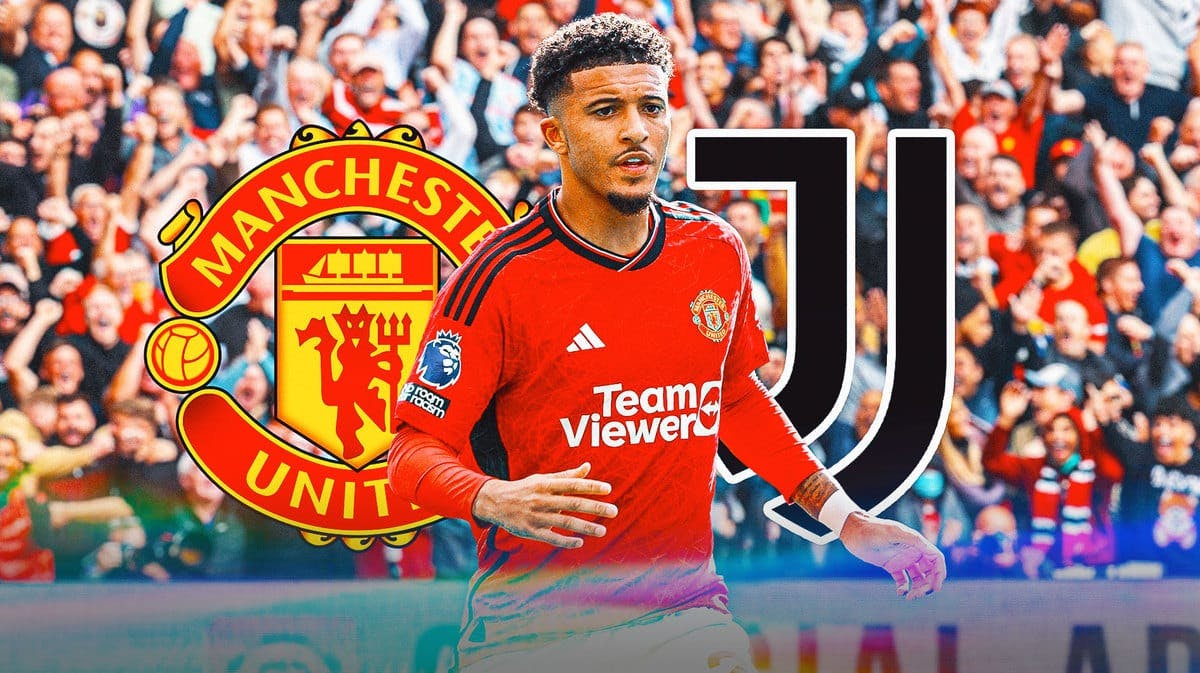 Jadon Sancho in front of the Manchester United and Juventus logos